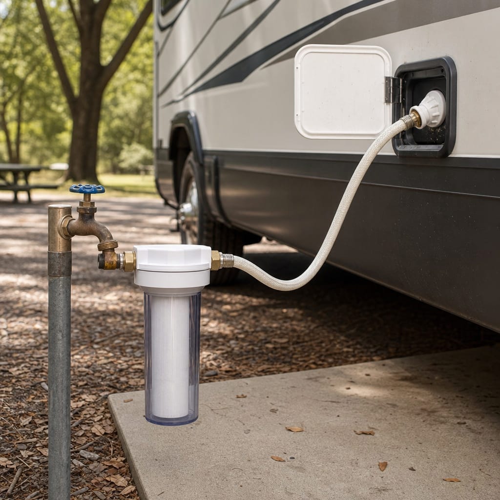 Garden-hose water filter connected between a campground spigot and an RV's fresh-water inlet hose, daylight