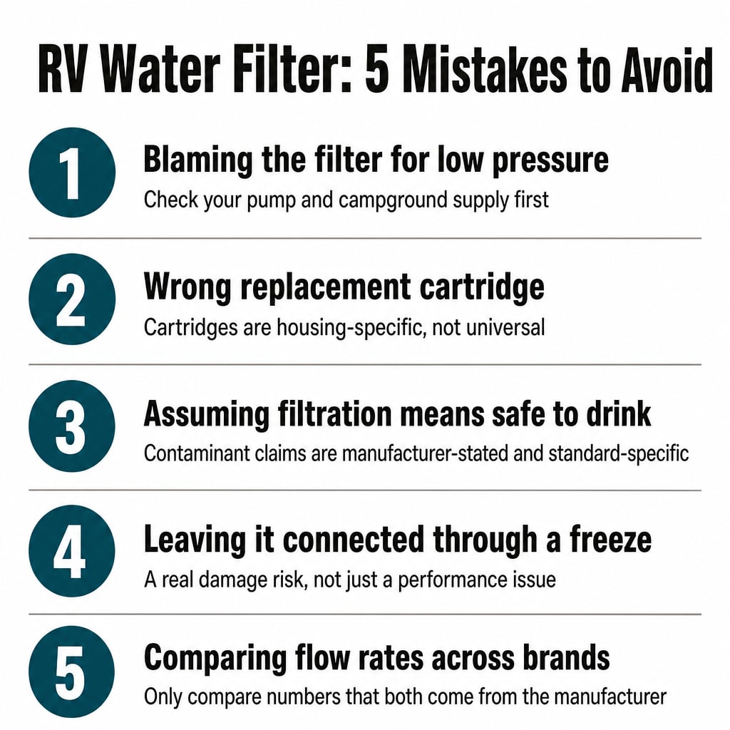 Five common mistakes when buying or using an RV water filter, shown as a numbered list