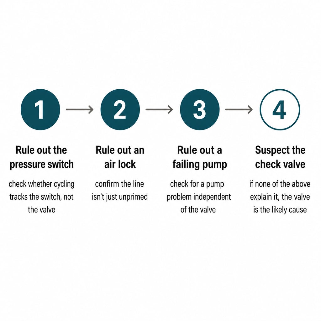 Four-step elimination sequence to confirm an RV water pump check valve: rule out pressure switch, rule out air lock, rule out failing pump, then suspect the check valve