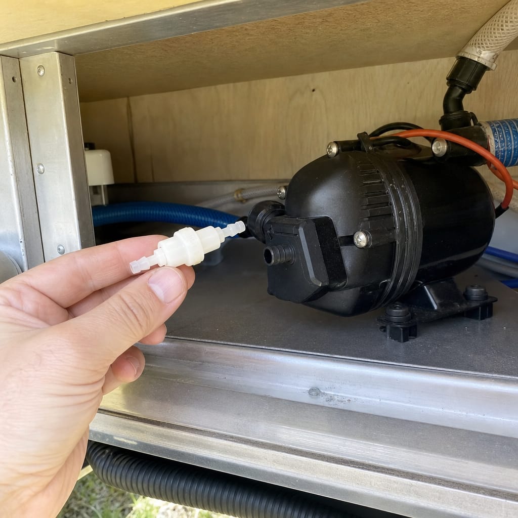 RV water pump check valve fitting disconnected from its mounting, held next to the pump housing, daylight" (109 chars)