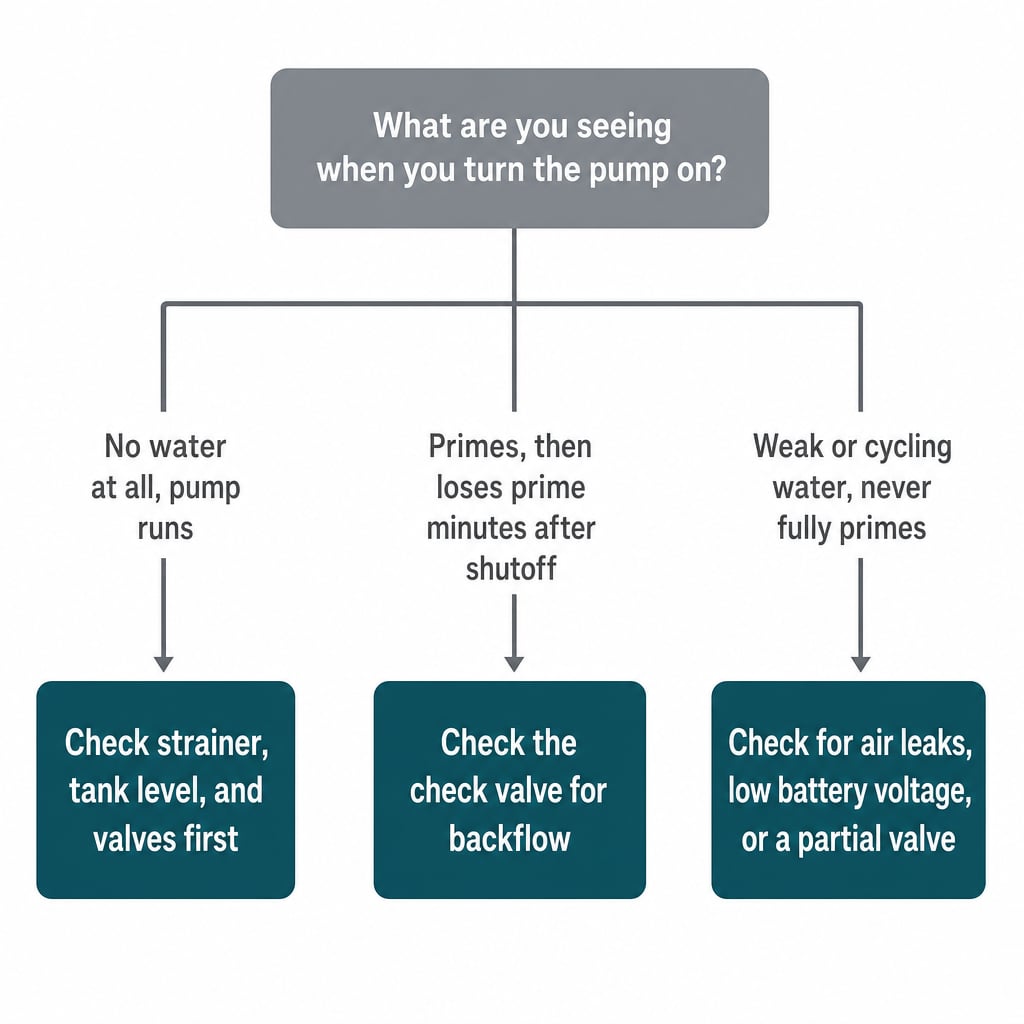 Decision tree matching 3 RV water pump priming symptoms to the cause to check first