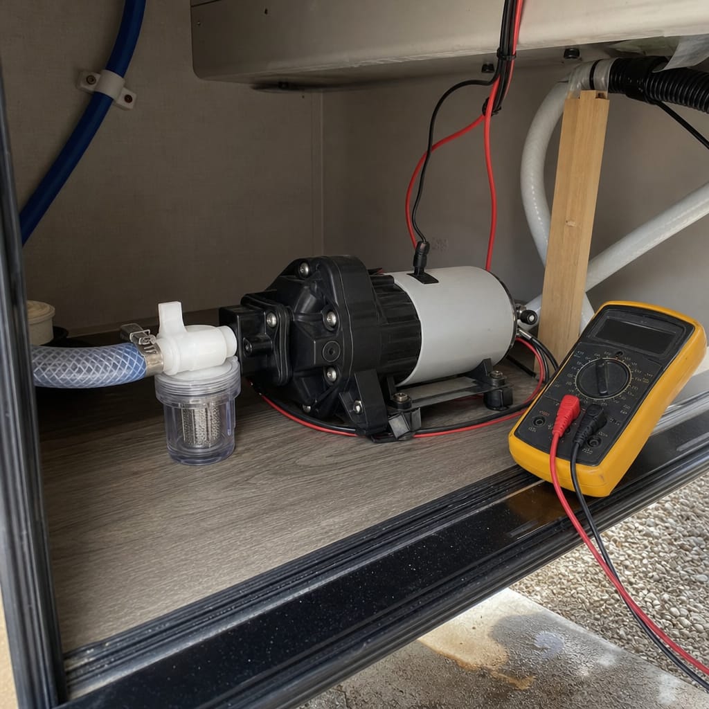 RV demand water pump and tubing in an underbody utility bay, with a multimeter nearby for troubleshooting